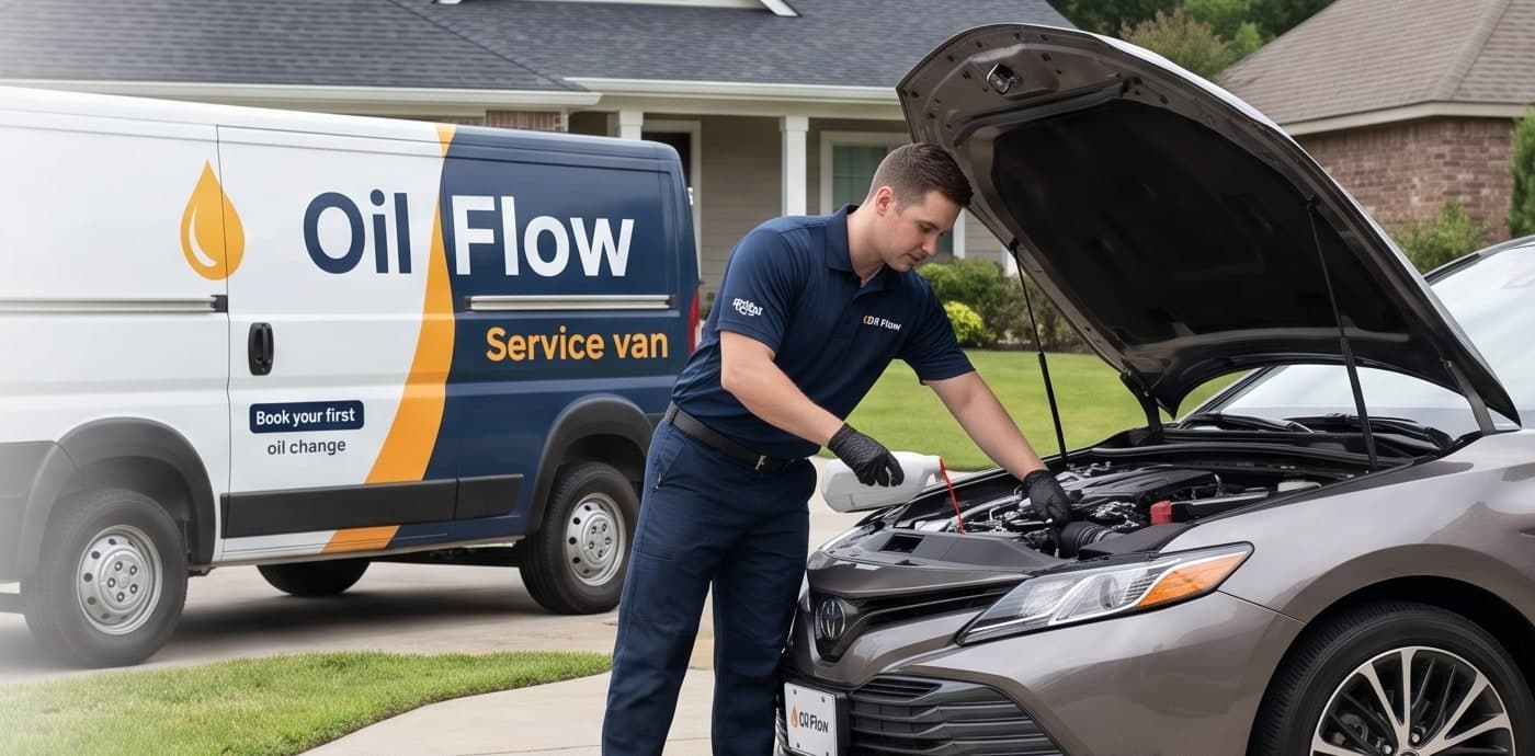 getoilflow serviceman changing oil on a Toyota in a suburban driveway, with a getoilflow branded service van parked behind.